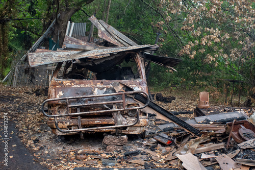 Australian bushfire aftermath: Burnt car carcass at Blue Mountains, Australia