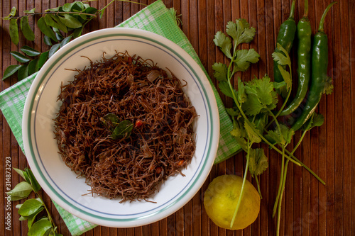 Bowl of ragi vermicelli which is an extremely nutritious millet and healthy food. photo