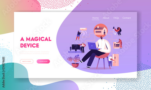 Internet of Things, Smart Home App Network Connection Website Landing Page. Man with Laptop Control Household Devices Using Wireless Iot Application Web Page Banner. Cartoon Flat Vector Illustration