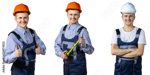 Isolated standing young worker or builder on white background. Triple collection