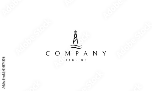 Vector logo on which an abstract image of a lighthouse and waves under it.