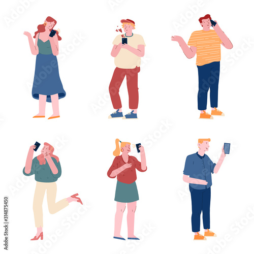 Set of Men and Women Holding Mobile Phones Isolated on White Background. People Chatting, Texting, Reading Newsfeed on Social Media. Teens Smartphone Addiction Concept Cartoon Flat Vector Illustration
