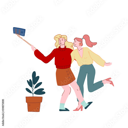 Young Girls Relaxing, Making Selfie on Smartphone for Post in Internet Networks. Women Visiting Cafe, Female Characters in Recreational Place, Girlfriends Meeting. Cartoon Flat Vector Illustration