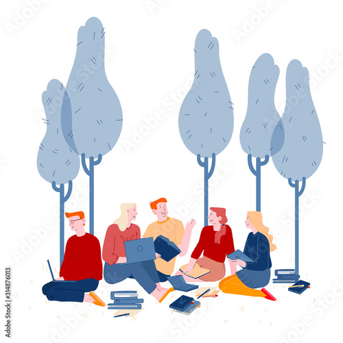 Young People Studying Together Outdoors on Nature Background. Collective Studying, Exam Preparation. Distance Learning, Online Courses, Education, Electronic Books Cartoon Flat Vector Illustration