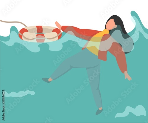Young woman drowning in water, she can't swim, she is shocked. Girl raising hand up for needing help. She is thrown a life buoy.