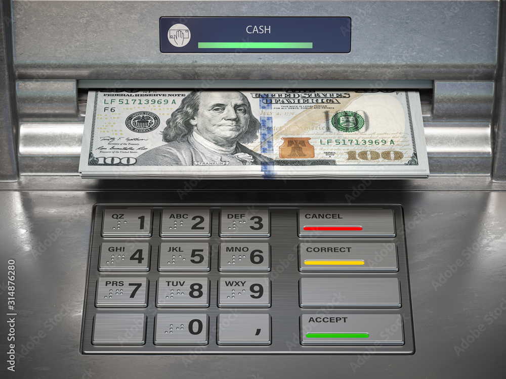Wthdrawing dmonet from ATM machine. Dollar banknotes in cashpoint. Wthdrawing dmonet from ATM machine. Dollar banknotes in cashpoint.