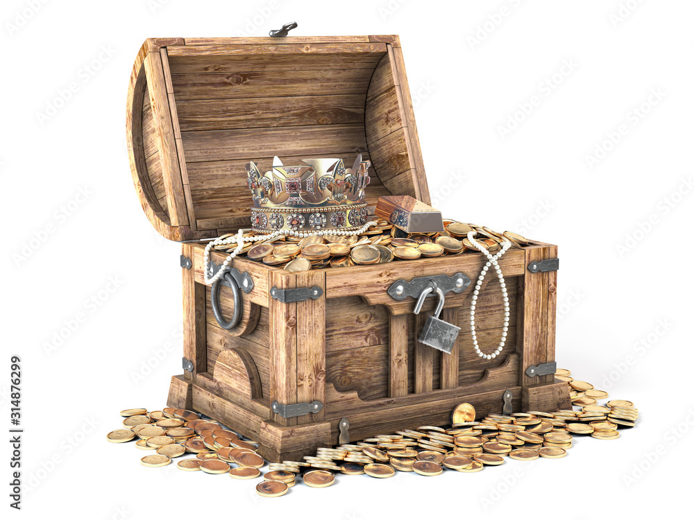 Open treasure chest filled with golden coins, gold and jewelry isolated on white background. - obrazy, fototapety, plakaty 