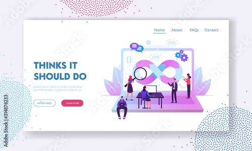 Devops Specialists Work Collaboration Website Landing Page. Programmers and Businesspeople at Huge Laptop. Development Cycles of Software Construction Web Page Banner. Cartoon Flat Vector Illustration