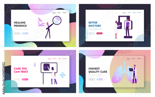 Pulmonology Diagnostics and Healthcare Website Landing Page Set. Patient Visiting Doctor for Making X-Ray Fluorography Scanning of Lungs in Clinic Web Page Banner. Cartoon Flat Vector Illustration