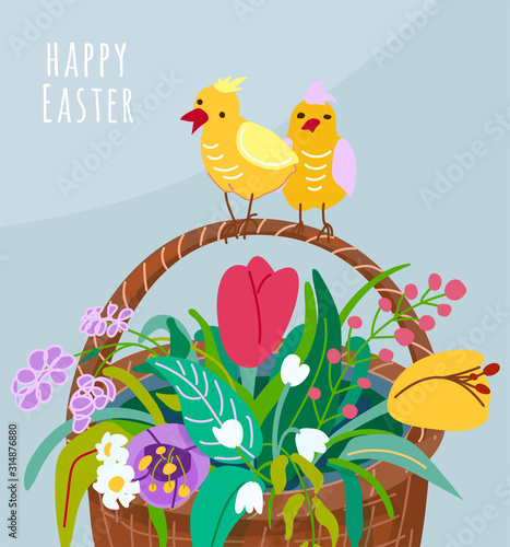 Happy easter greeting card with flower basket  two chickens on the handle of the pottle. Spring vector illustration with springtime floral plants color tulips  snowdrops  chamomile  grass