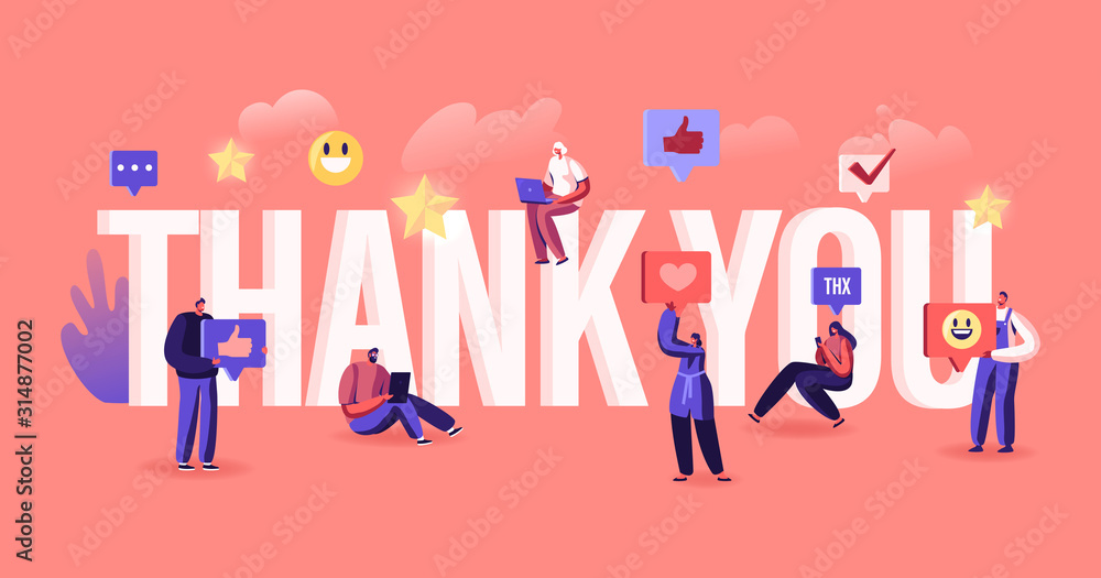 Thank You Concept. Grateful Blogger or Media Person Give Thanks to Followers in Internet Social Networks. Mobile Communication Technology Poster Banner Flyer Brochure. Cartoon Flat Vector Illustration