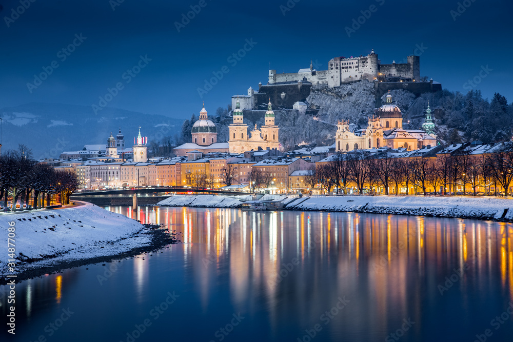 Salzburg old town at twilight in winter, Austria