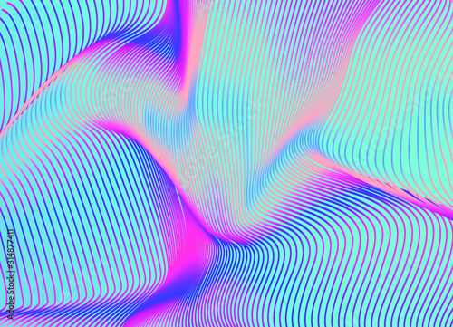 Abstract holographic background with glitched wavy surface of lines. Retrofuturistic vaporwave and synthwave style aesthetics.