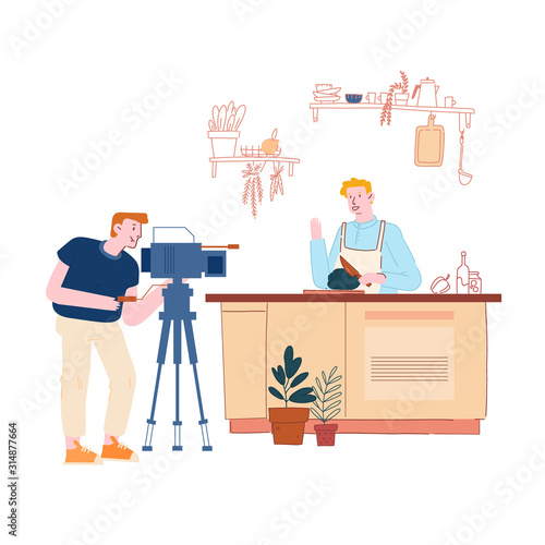 Male Character Video Blogger or Tv Anchorman in Chef Apron Recording Video of Healthy Cooking on Camera with Kitchen Stuff around. Social Media Motion, Eco Nutrition. Cartoon Flat Vector Illustration