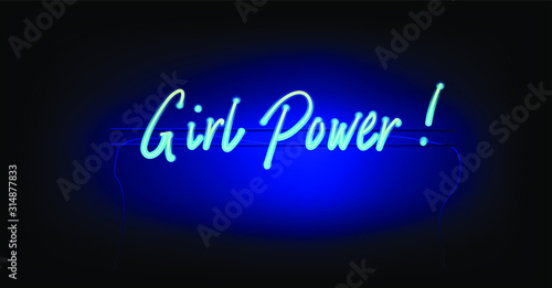 Girl Power neon sign on dark background. Trendy illustration for poster, t-shirt, postcard in retrofuturistic synthwave style.