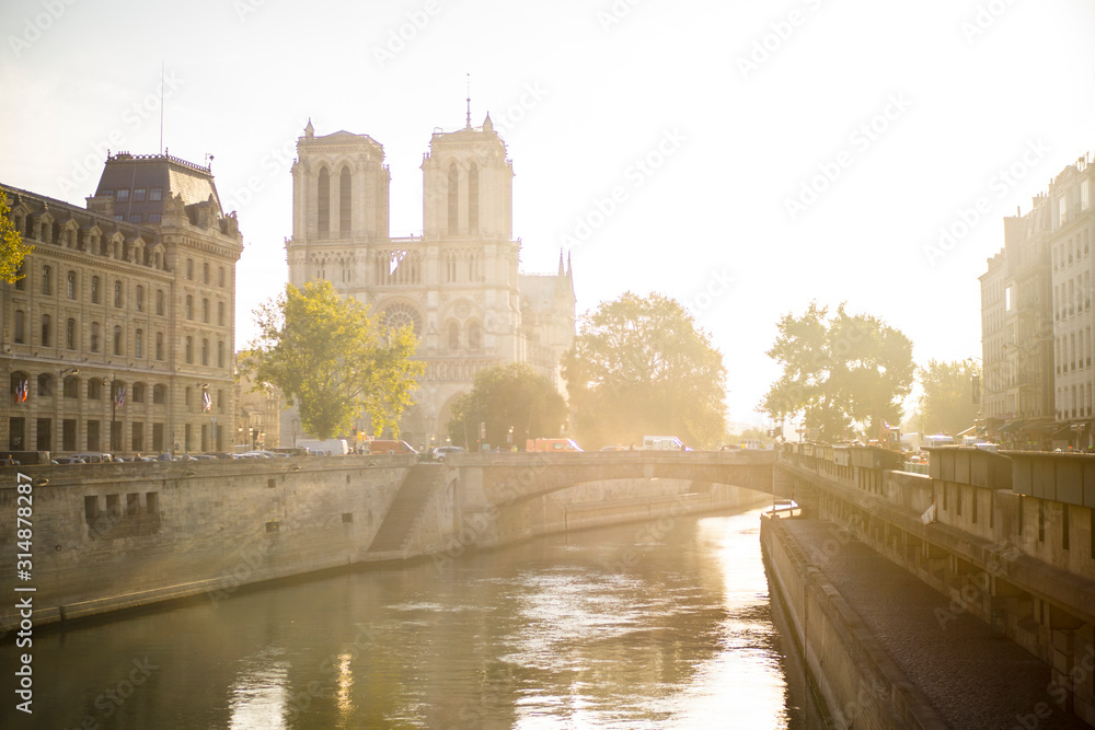 Naklejka premium Sunny morning in Notre dame Paris France with sun flair and beautiful scenery 
