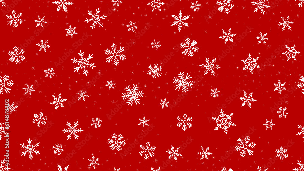 Vector snowflakes background. Elegant red Christmas and New Year seamless pattern with white snow, sparkles, snowflakes, shiny confetti. Winter holidays theme. Design for decoration, website, banner