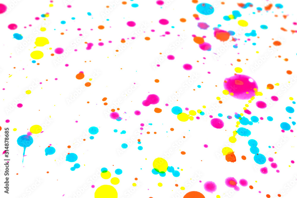 Close Up of Splattered Paint Blobs on White Paper for Abstract Background