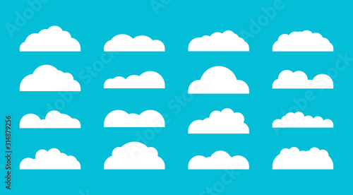 Set of diffenrent cloud icons in flat design isolated on blue background. Cloud symbol for your web etc