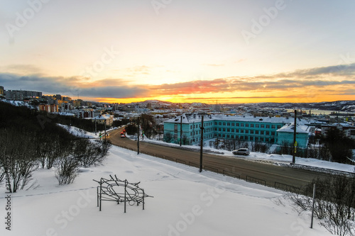 Murmansk, Russia - January, 12, 2020: Landscape with the image of traffic in Murmask during the polar night © Dmitry Vereshchagin