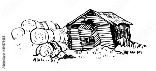 An old ramshackle barn with hay. Drawing on a white background, drawn by hand, vector graphics.