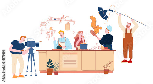 Culinary Program or Blog Broadcasting. Man and Woman in Chef Uniform Cooking Dish on Kitchen Interior Background, Television Crew Characters Recording Video on Camera. Cartoon Flat Vector Illustration