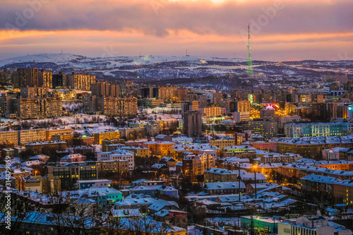 Murmansk, Russia - January, 5, 2020: landscape with the .image of Murmansk, the largest city in the Arctic, during the polar night © Dmitry Vereshchagin