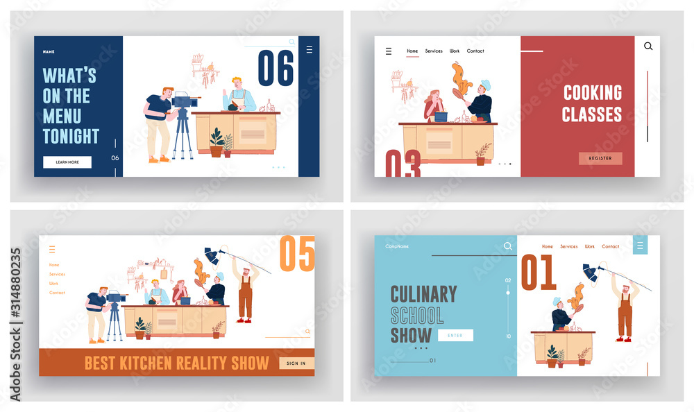 Culinary Show, Master Class Recording in Studio Website Landing Page Set. People in Chef Uniform Performing to Cook Different Dishes on Video Camera Web Page Banner. Cartoon Flat Vector Illustration