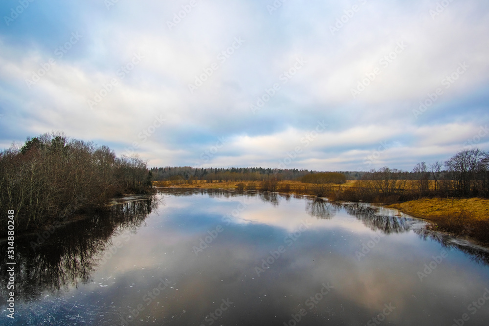 Landscape with the image of Volhov river in Russia