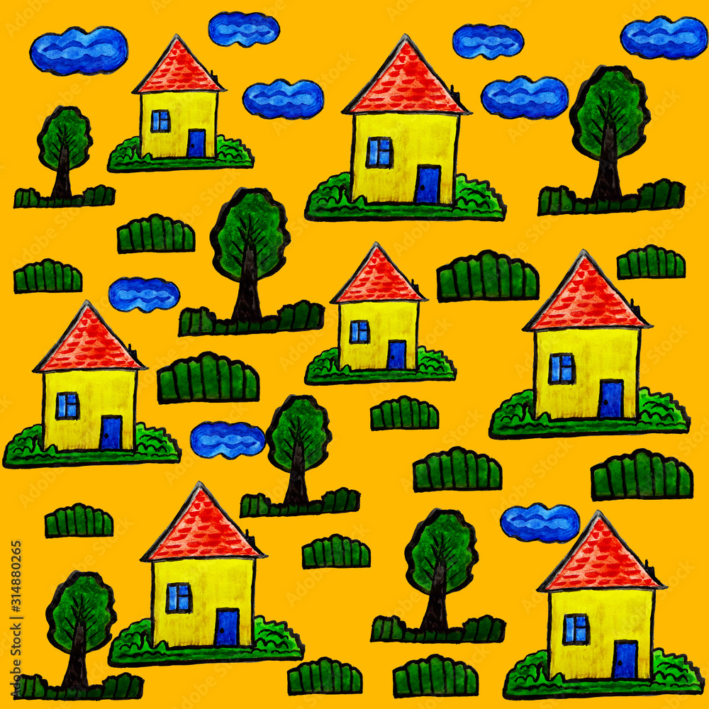  Illustration of houses and trees. Handwork in watercolor. Design for prints, wallpapers, tattoos, covers, baby clothes.