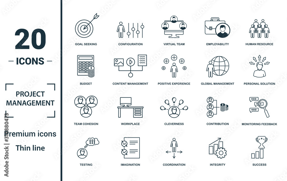 Project Management icon set. Include creative elements goal seeking ...