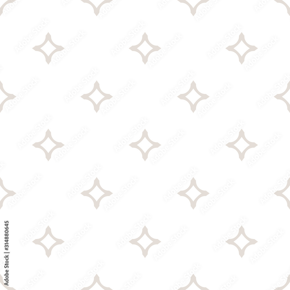 Vector ornamental seamless pattern with diamond shapes, stars. Abstract geometric texture in neutral pastel colors, white and beige. Subtle repeat background. Design for decoration, fabric, prints Vector ornamental seamless pattern with diamond shapes, stars. Abstract geometric texture in neutral pastel colors, white and beige. Subtle repeat background. Design for decoration, fabric, prints