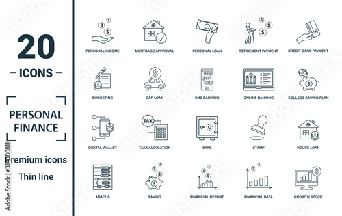 Personal Finance icon set. Include creative elements personal income, personal loan, budgeting, online banking, digital wallet icons. Can be used for report, presentation, diagram, web design