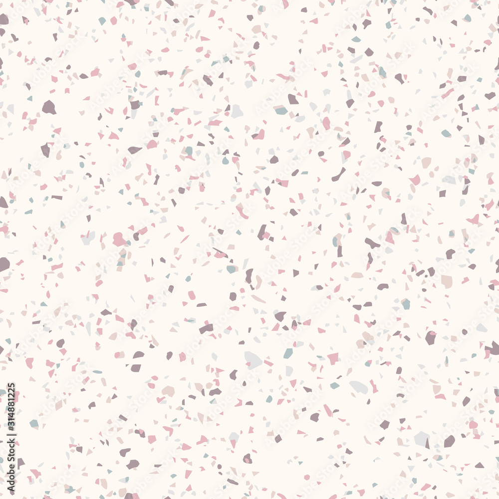Terrazzo marble flooring seamless pattern. Vector texture of mosaic floor with natural stones, granite, marble, quartz, limestone, concrete. Polished rock surface. White background with colored chips