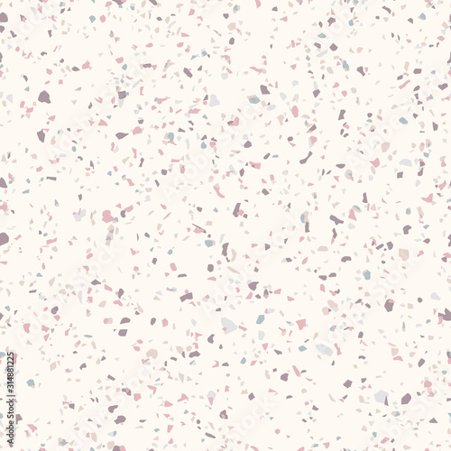 Terrazzo marble flooring seamless pattern. Vector texture of mosaic floor with natural stones  granite  marble  quartz  limestone  concrete. Polished rock surface. White background with colored chips