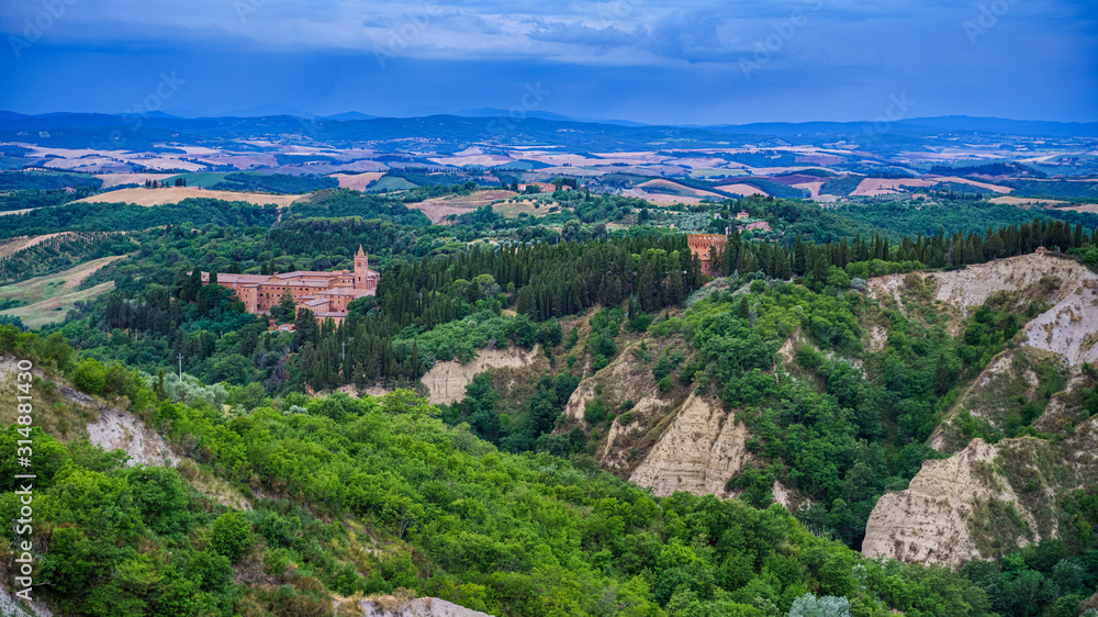 Panoramic view of the monastery in Italy. Travel destination Tuscany