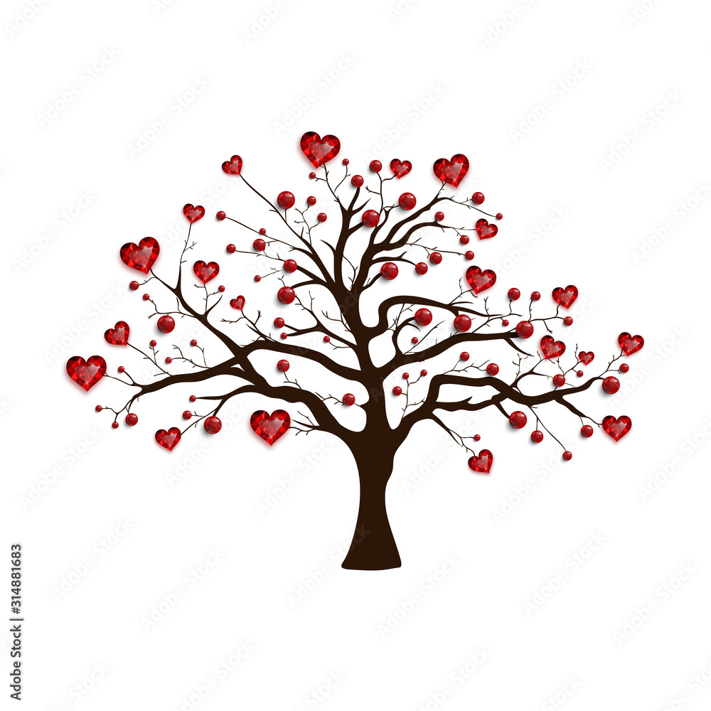 Happy Valentine's Day. Tree decorated with red hearts and beads. Ruby jewel. Valentine's card. Happy Valentine's Day. Tree decorated with red hearts and beads. Ruby jewel. Valentine's card.
