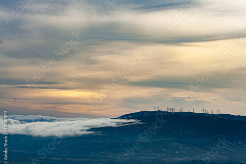 Landscape with wind turbines at sunset in Portugal