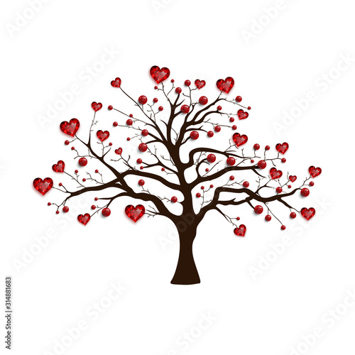 Happy Valentine s Day. Tree decorated with red hearts and beads. Ruby jewel. Valentine s card.