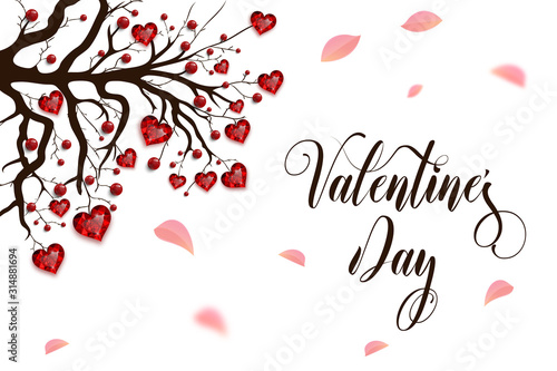 Happy Valentine's Day. Tree decorated with red hearts and beads. Ruby jewel. Valentine's card.