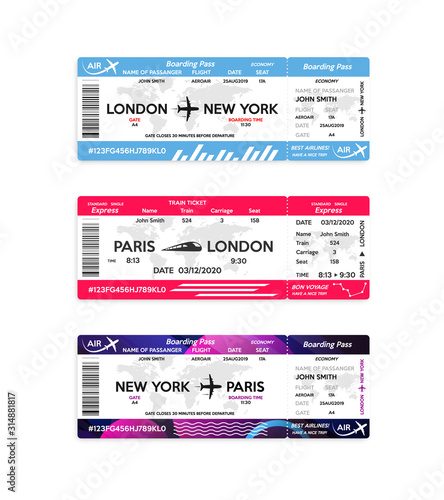Airplane and Train boarding pass ticket isolated on white background. Concept of travel, journey or business trip.