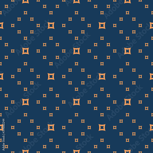 Vector minimalist geometric seamless pattern. Deep blue and orange background. Simple abstract texture with small outline squares. Subtle minimal repeat design for decor, prints, clothing, gift paper