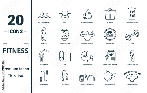 Fitness icon set. Include creative elements pool swimming, calories burn, water, junk food, recovery icons. Can be used for report, presentation, diagram, web design