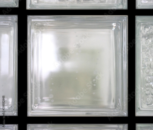 Isolated light transparent square mirror cube glass block and window in white background with grunge circle bubble texture and. Arrange in single box panel. Use for object decoration and material.