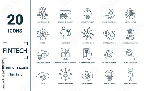 Fintech icon set. Include creative elements online banking, direct payment, fintech, cryptocurrency, fintech industry icons. Can be used for report, presentation, diagram, web design