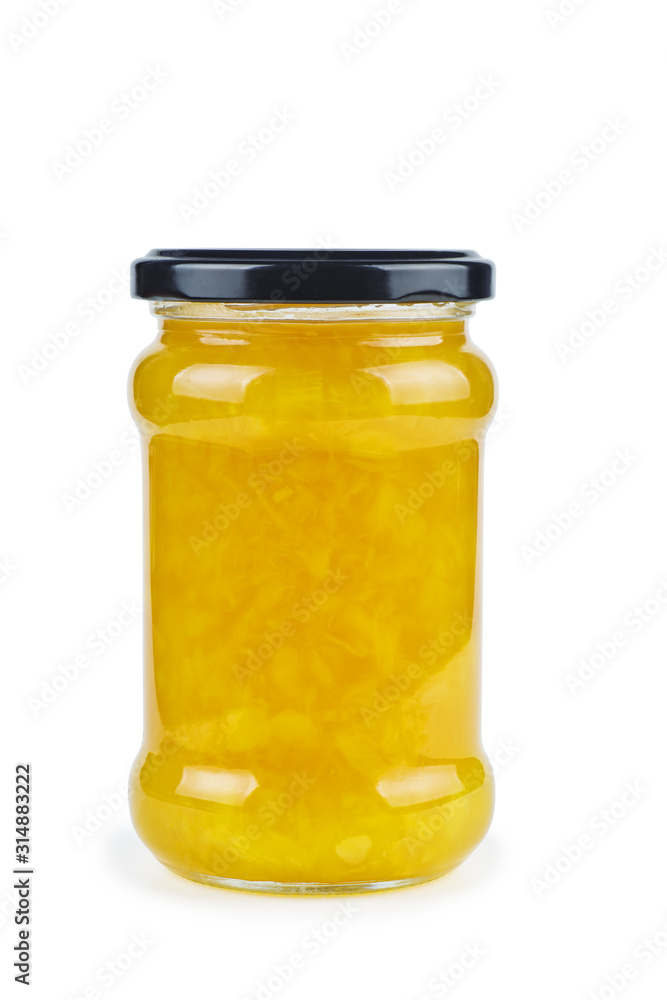 Glass jar with maules quince (Chaenomeles japonica) jam isolated on white background Glass jar with maules quince (Chaenomeles japonica) jam isolated on white background