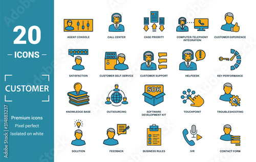 Customer Service icon set. Include creative elements agent console, case priority, satisfaction, helpdesk, knowledge base icons. Can be used for report, presentation, diagram, web design