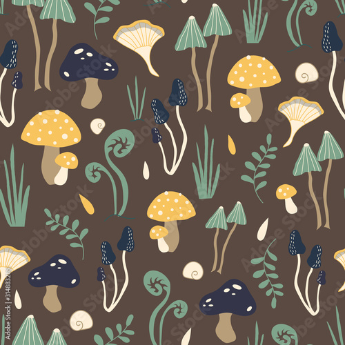 Brown vector pattern with mushrooms in the forest