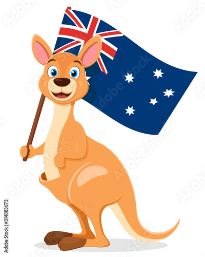 Kangaroo holds the flag of Australia on a white background. Character, Australia day
