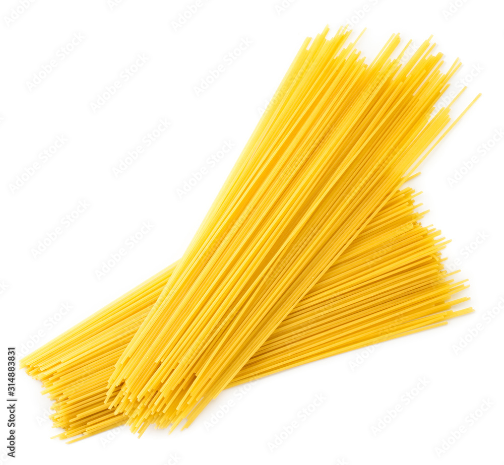 Two piles of raw spaghetti on a white background. The view of top